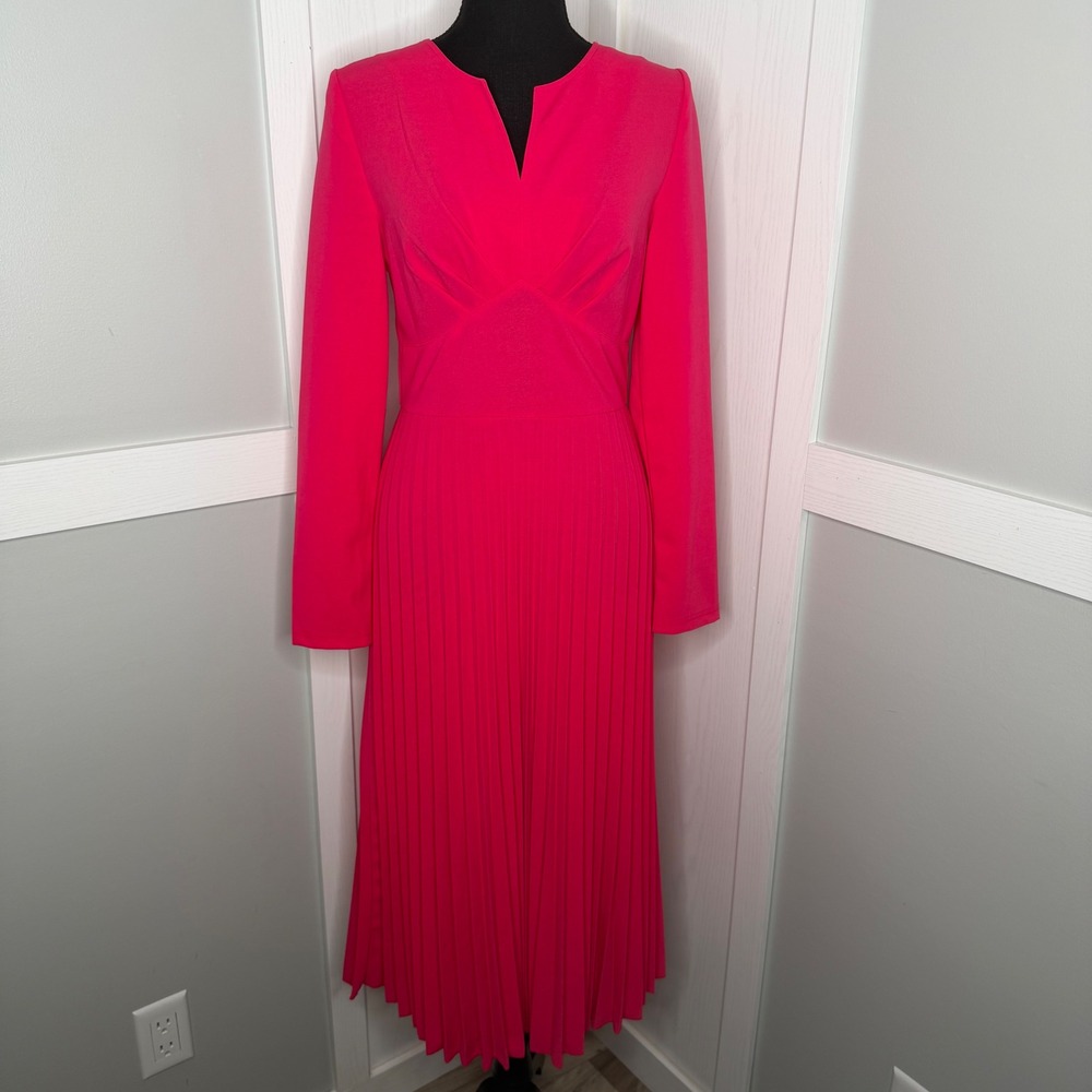 Shein Pleated Midi Dress Women Medium Pink Long Sleeve V-Neck Surplice 5073